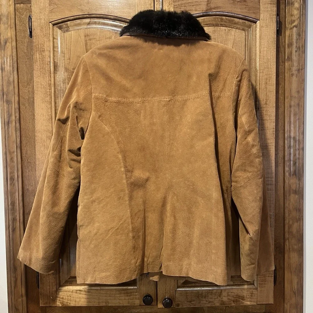 MARC MATTIS Genuine‎ Leather Brown Full-Zip Jacket Size XL Furry Hood Women's